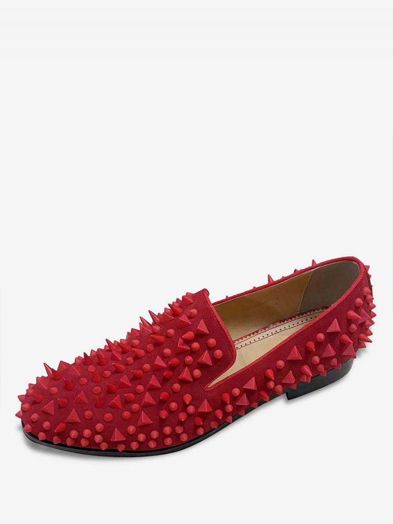 Herr Svarta Glänsande Nitar Glitter Handgjorda Dubbar Spike Loafers Slip-on Round Toe Bal Party Bröllopsskor - Röd