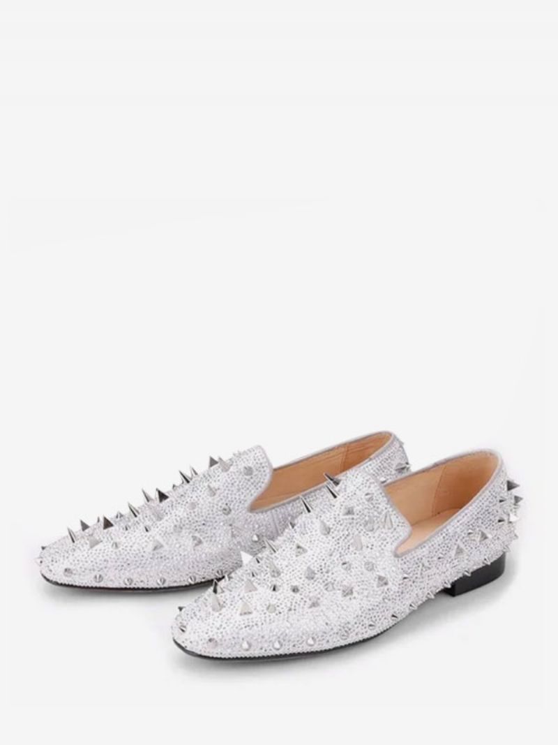 Loafer För Män Guldgul Sammetstofflor Slip-on Spikes Rund Tå Mocka Övre Bal Party Bröllop - Silver