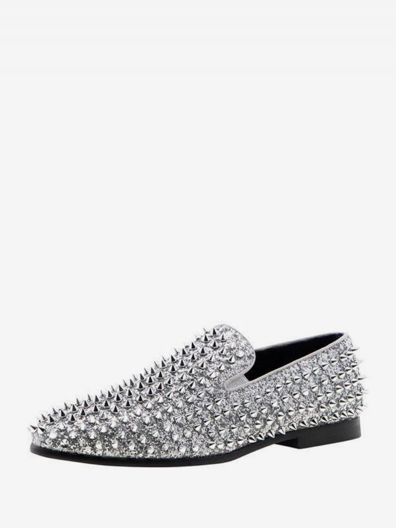 Loafer Skor För Män Paljetter Glitter Spikes Nitar Slip-on Bal Party Bröllopsskor - Silver