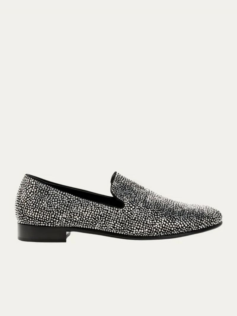 Loaferskor För Män Mocka Silver Kristall Rhinestones Sliiper Slip-on Bal Party Bröllopssko - Svart