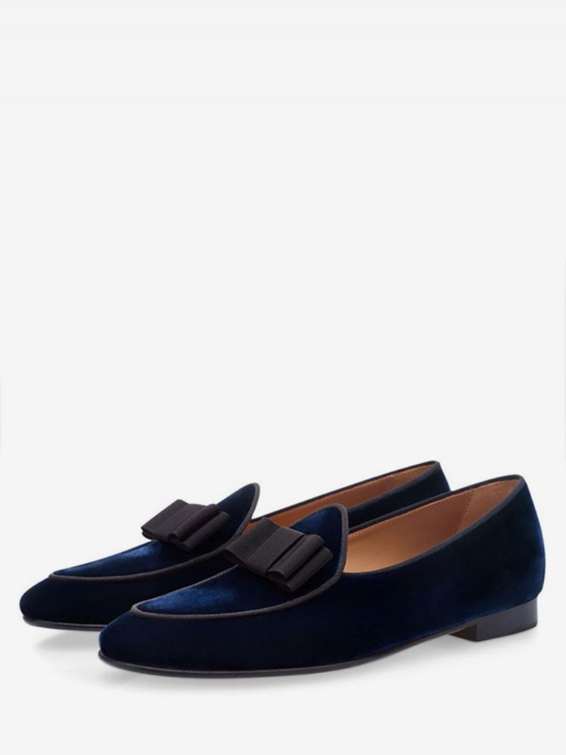 Män Party Skor Sammet Rund Toe Bow Slip-on Loafers Deep Blue Balskor