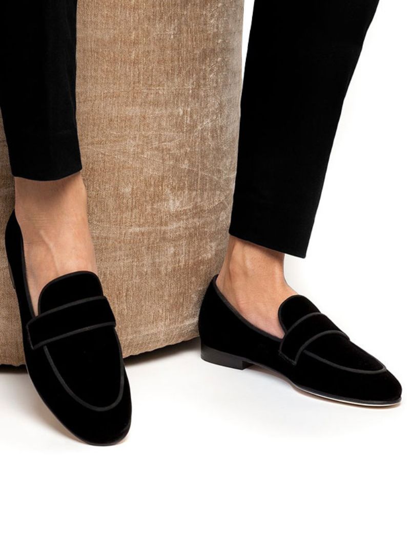 Män Svarta Loafers Mocka Rund Toe Slip-on Prom Party Bröllopsskor - Svart