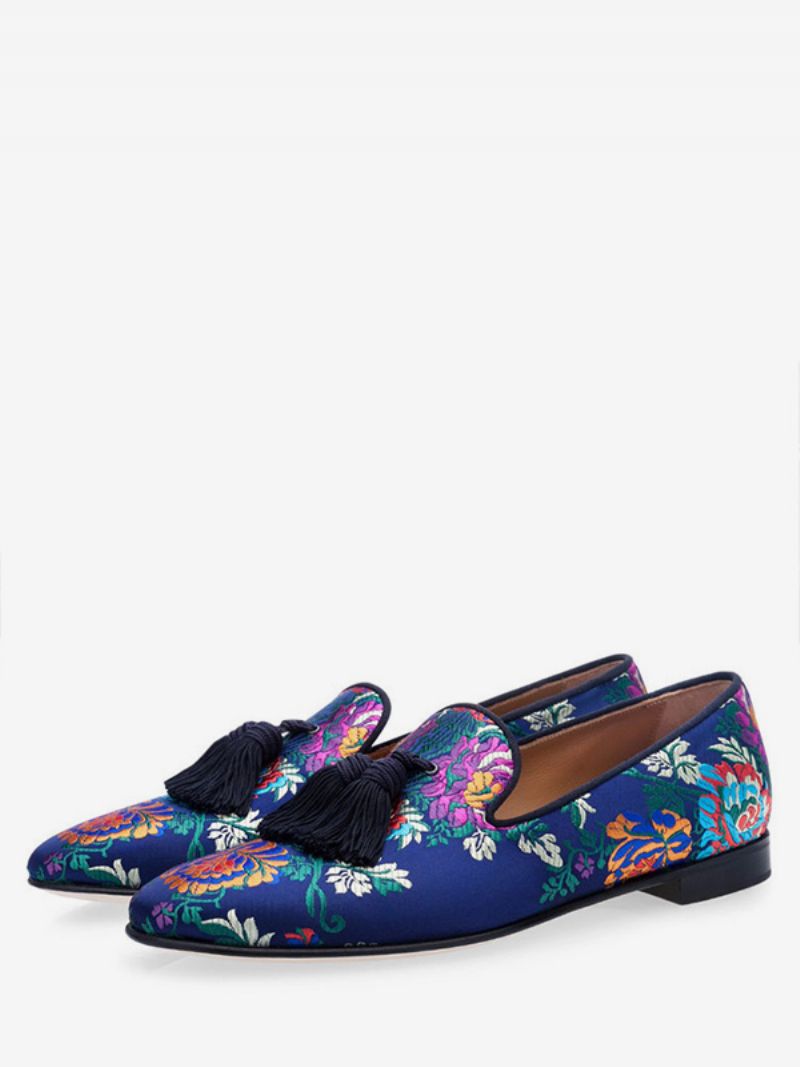 Mäns Blå Satinblommiga Broderade Prom Loafers-skor Med Tofs