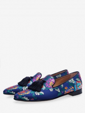 Mäns Blå Satinblommiga Broderade Prom Loafers-skor Med Tofs