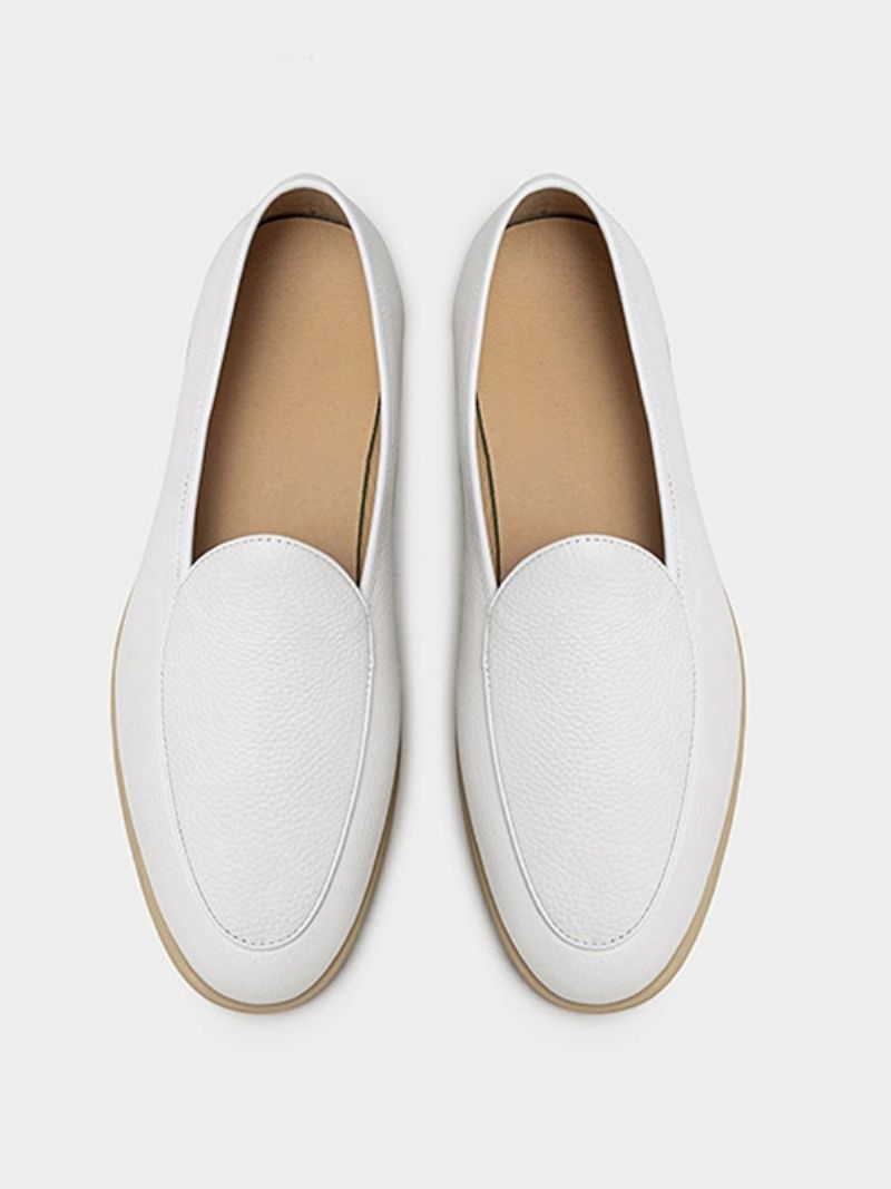 Mäns Loafer Slip-on Rund Toe Kohud Skor - Vit