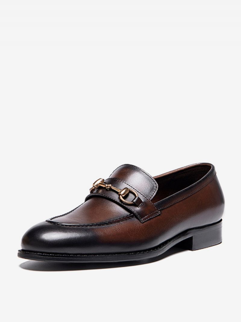 Mäns Slip-on Round Toe Kohud Loafer Prom Bröllopsskor - Kaffe Brun