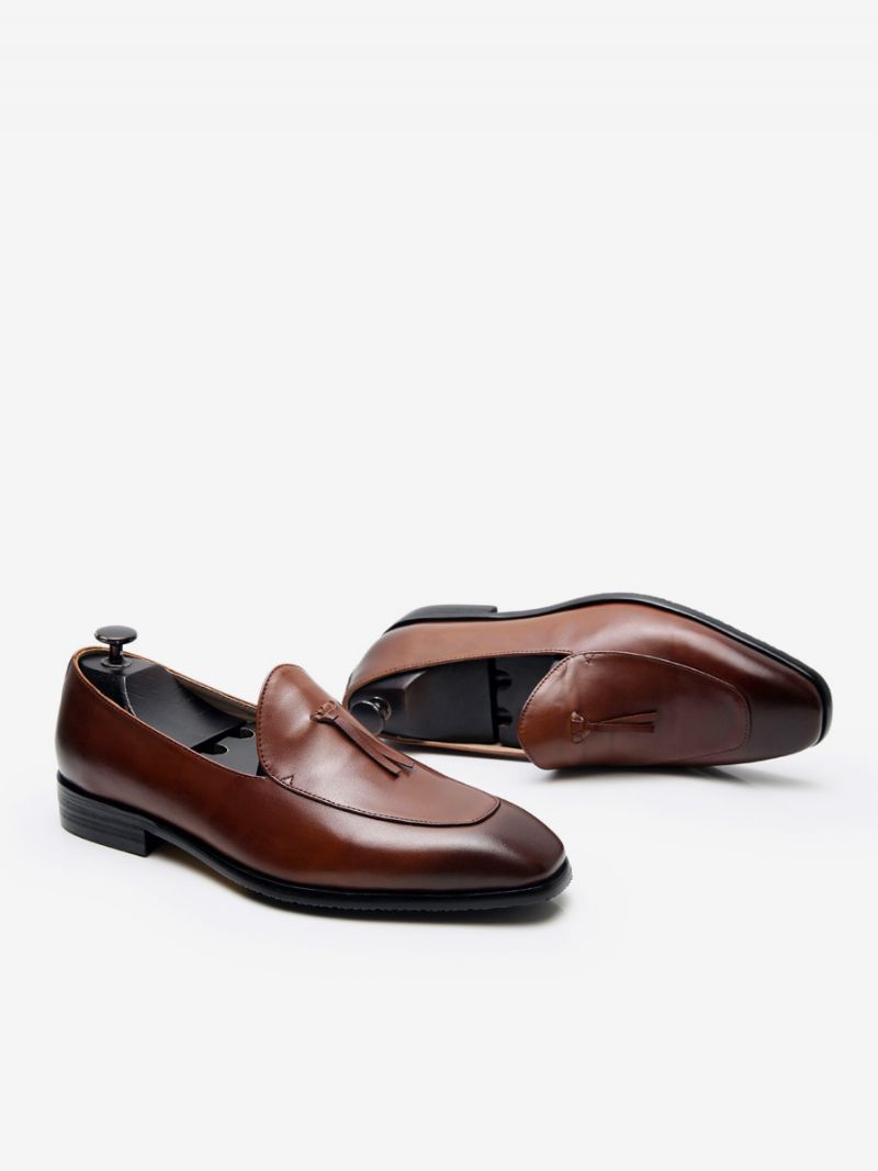 Mäns Slip-on Rund Toe Kohud Herr Loafer Prom Bröllopsskor - Kaffe Brun