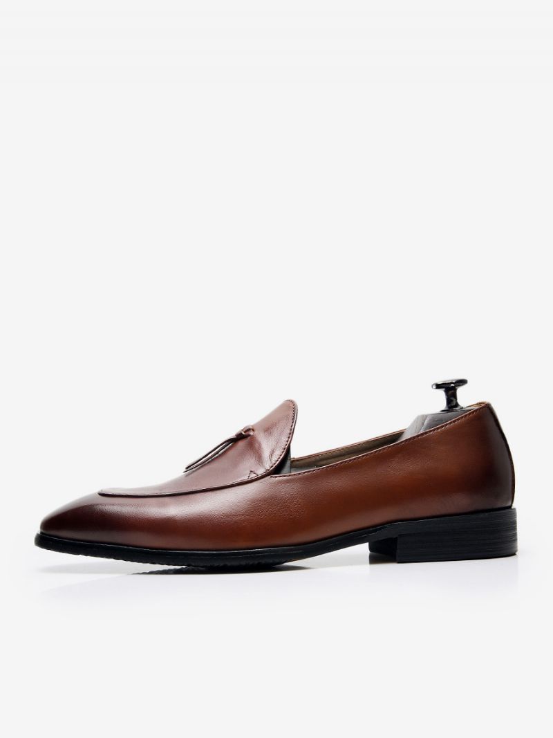 Mäns Slip-on Rund Toe Kohud Herr Loafer Prom Bröllopsskor - Kaffe Brun