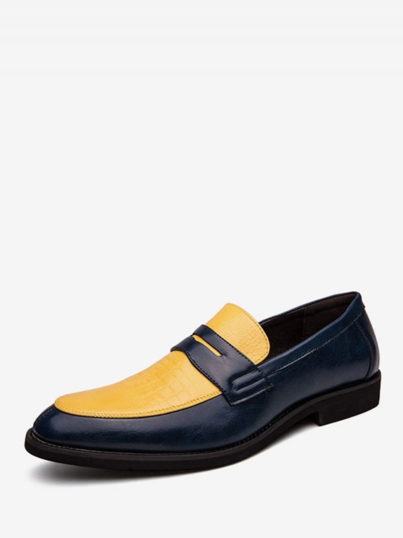 Penny Loafers För Män Blå Rund Tå Slip-on Dress Brudgum Skor - Gul