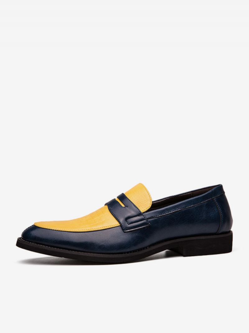 Penny Loafers För Män Blå Rund Tå Slip-on Dress Brudgum Skor - Gul