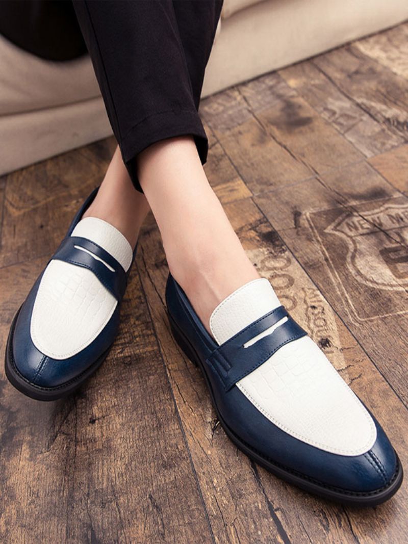 Penny Loafers För Män Blå Rund Tå Slip-on Dress Brudgum Skor - Blå