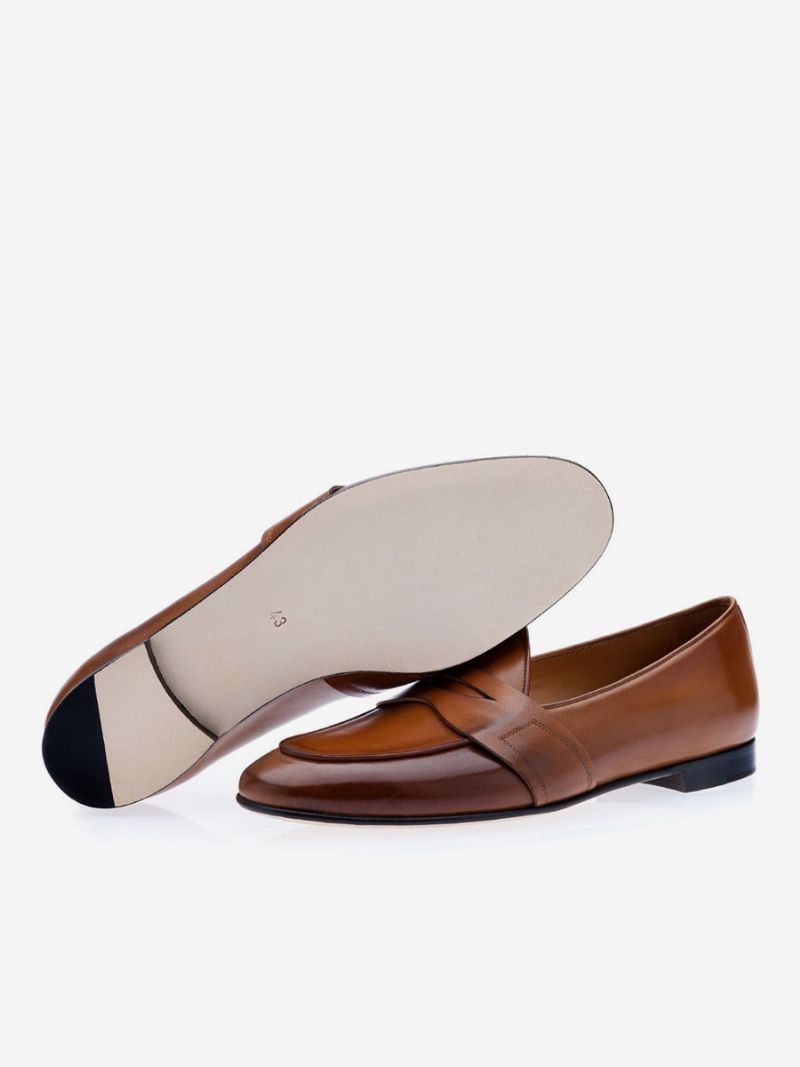 Penny Loafers För Män Slip-on Rund Toe Dress Brudgum Skor - Mahogny