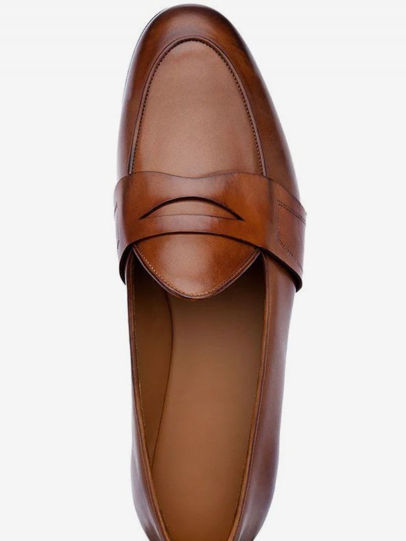 Penny Loafers För Män Slip-on Rund Toe Dress Brudgum Skor - Mahogny