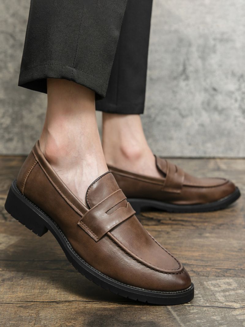 Prom Loafers För Män Slip-on Round Toe Pu Läder Loafer Skor - Kaffe Brun