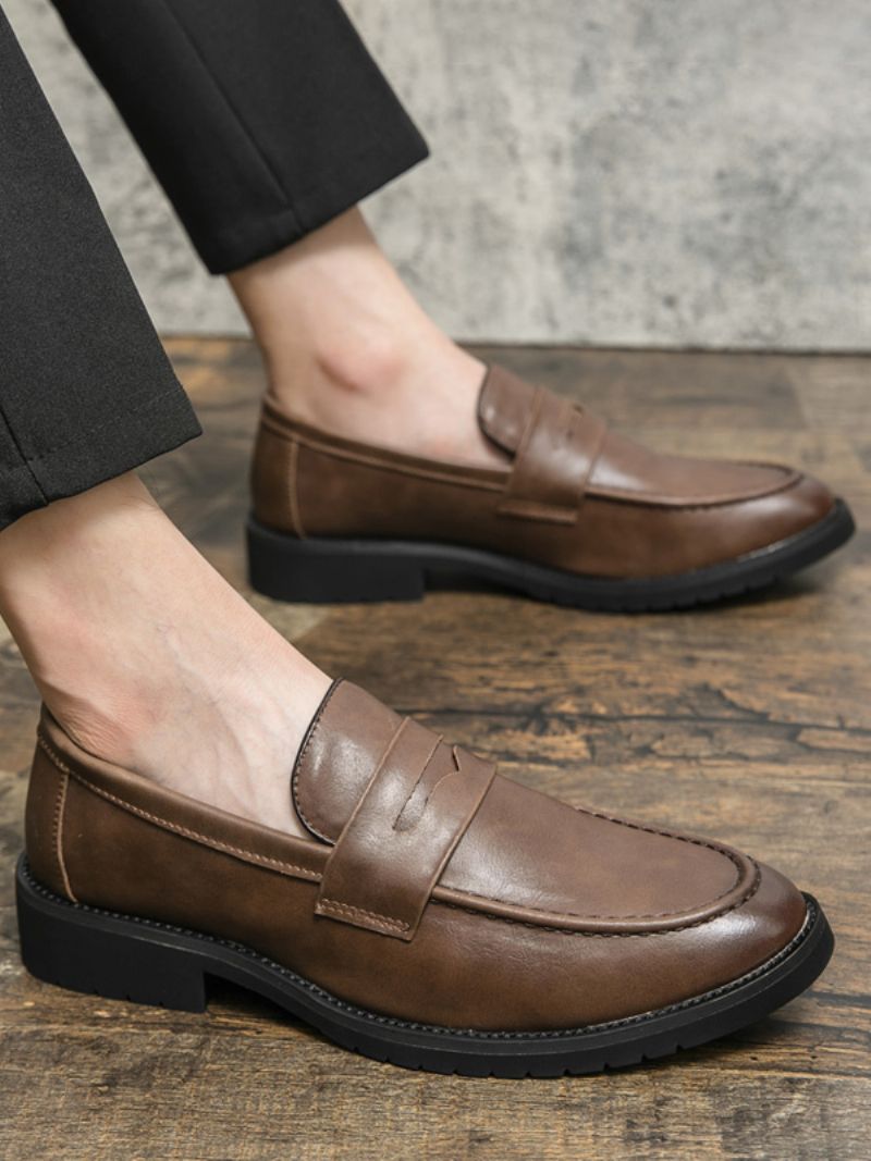 Prom Loafers För Män Slip-on Round Toe Pu Läder Loafer Skor - Kaffe Brun