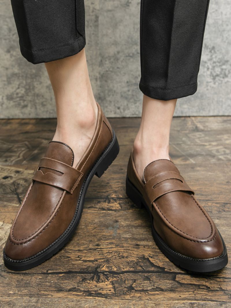 Prom Loafers För Män Slip-on Round Toe Pu Läder Loafer Skor - Kaffe Brun