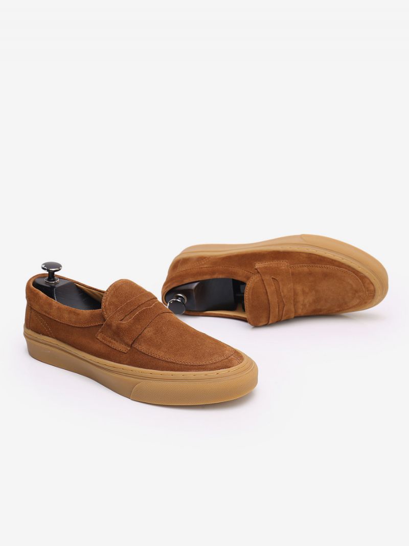 Slip-on Round Toe Cowhide Loafer Skor För Män - Kaffebrun