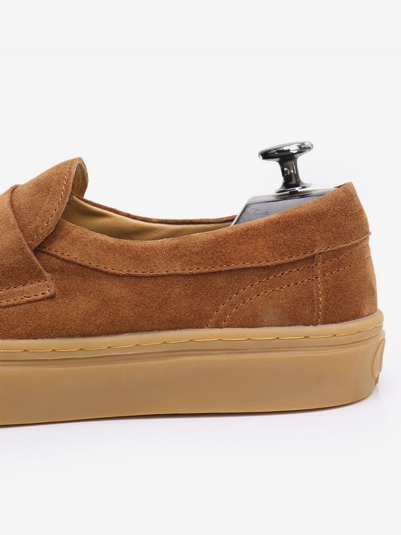 Slip-on Round Toe Cowhide Loafer Skor För Män - Kaffebrun