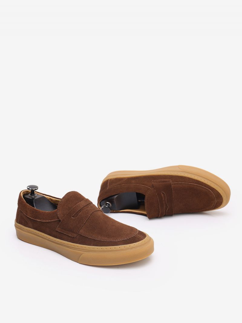 Slip-on Round Toe Cowhide Loafer Skor För Män - Djupbrun