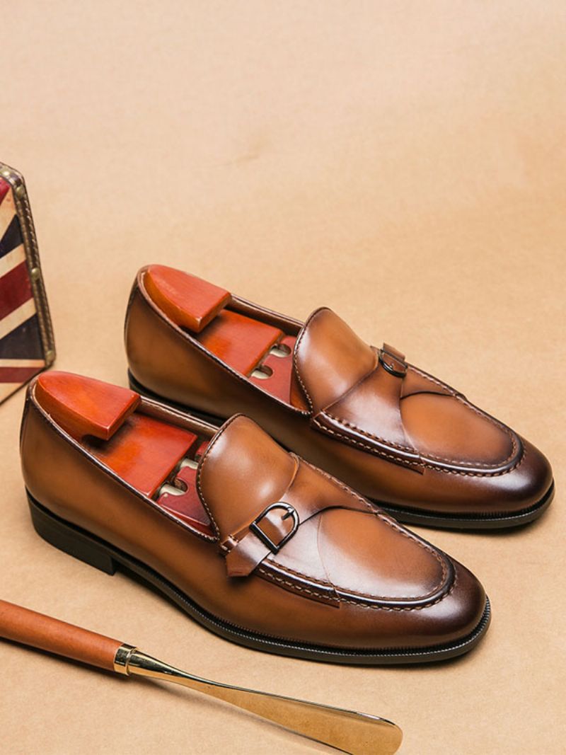 Klänning Skor För Män Snygg Rund Tå Monk Strap Slip-on Pu Läder - Kaffebrunt