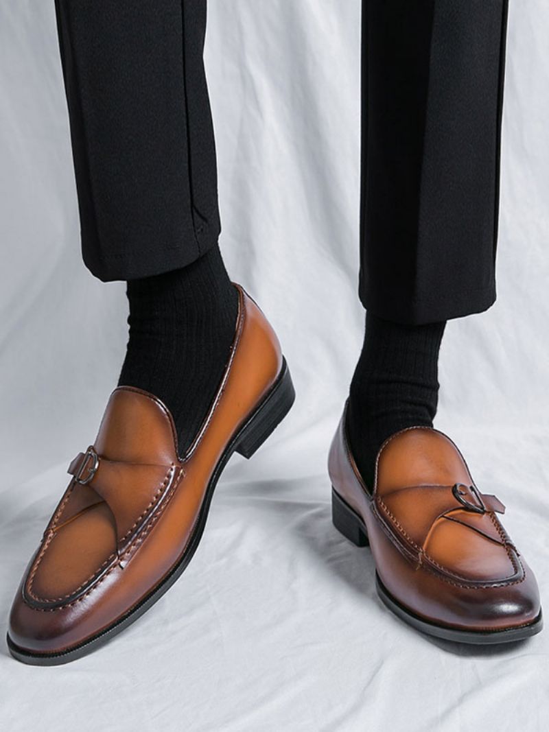 Klänning Skor För Män Snygg Rund Tå Monk Strap Slip-on Pu Läder - Kaffebrunt