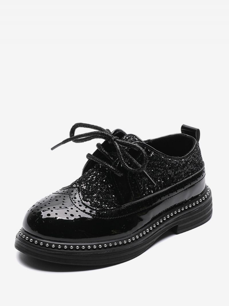 Pojkar Formella Skor Brogue Black Glitter Rund Toe Snörning Festskor