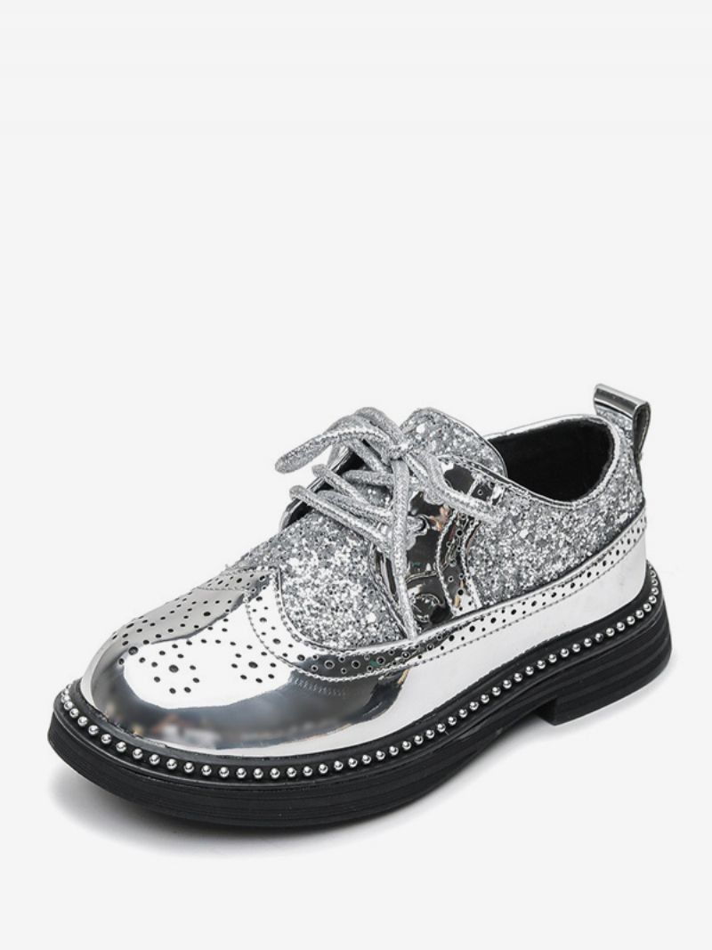 Pojkar Formella Skor Brogue Black Glitter Rund Toe Snörning Festskor - Silver