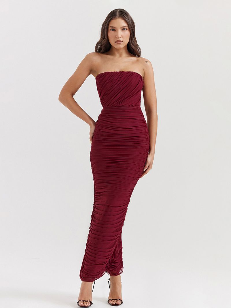 Bodycon-klänningar För Kvinnor Burgundy Axelbandslös Plisserad Elegant Ärmlös Pennklänning