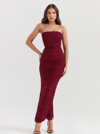 Bodycon-klänningar För Kvinnor Burgundy Axelbandslös Plisserad Elegant Ärmlös Pennklänning