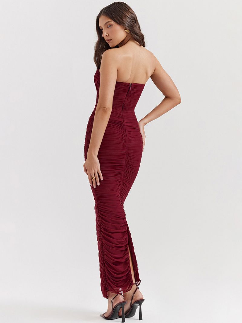 Bodycon-klänningar För Kvinnor Burgundy Axelbandslös Plisserad Elegant Ärmlös Pennklänning - Bourgogne