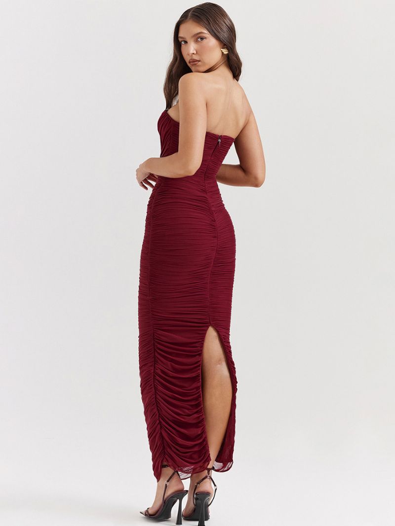 Bodycon-klänningar För Kvinnor Burgundy Axelbandslös Plisserad Elegant Ärmlös Pennklänning - Bourgogne