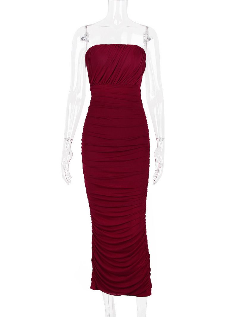 Bodycon-klänningar För Kvinnor Burgundy Axelbandslös Plisserad Elegant Ärmlös Pennklänning - Bourgogne