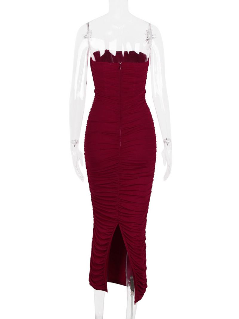 Bodycon-klänningar För Kvinnor Burgundy Axelbandslös Plisserad Elegant Ärmlös Pennklänning - Bourgogne