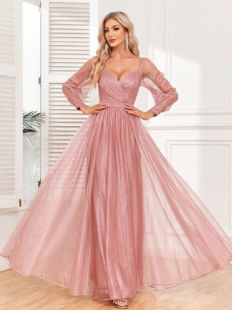 Dam Elegant Prom Dress Surplice Neck Illusion Ärmar Rosa Maxiklänningar