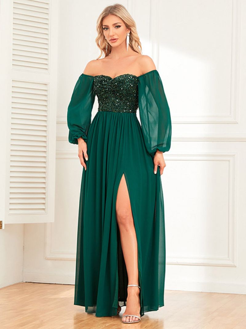 Dampaljetter Off Shoulder Klänning Backless High Split Prom Cocktail Maxiklänningar - Mörkgrön