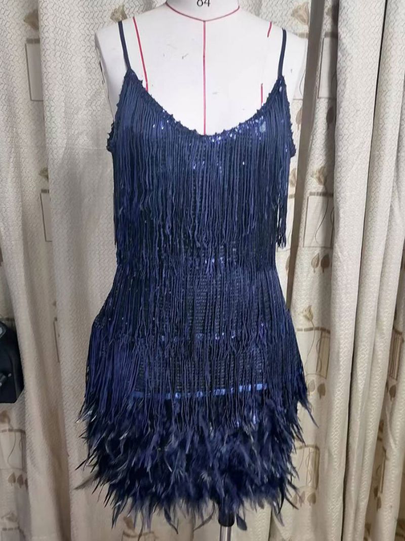 Kvinnors Mini Sundress Spaghetti Straps Tofs Feather Hem Födelsedagsfest Klänning - Kunglig Blå