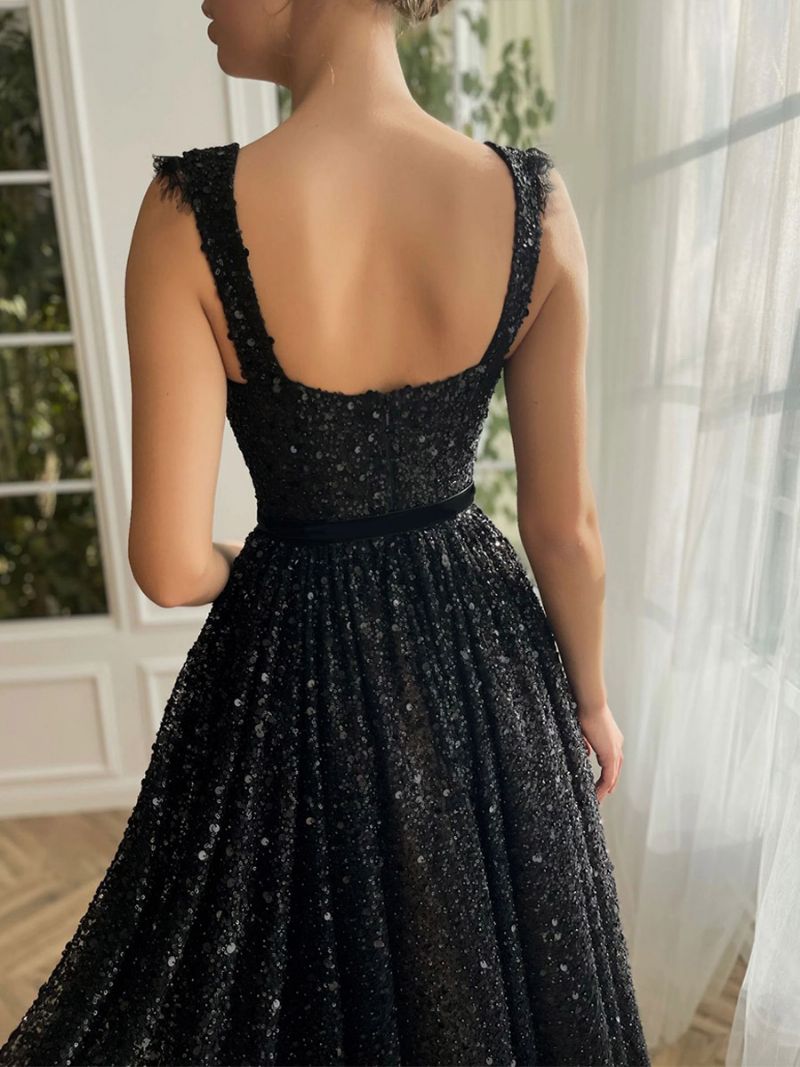 Kvinnors Paljetter Klänningar Sweetheart Neck Spets Ärmlös Backless Prom Midi Dress - Svart