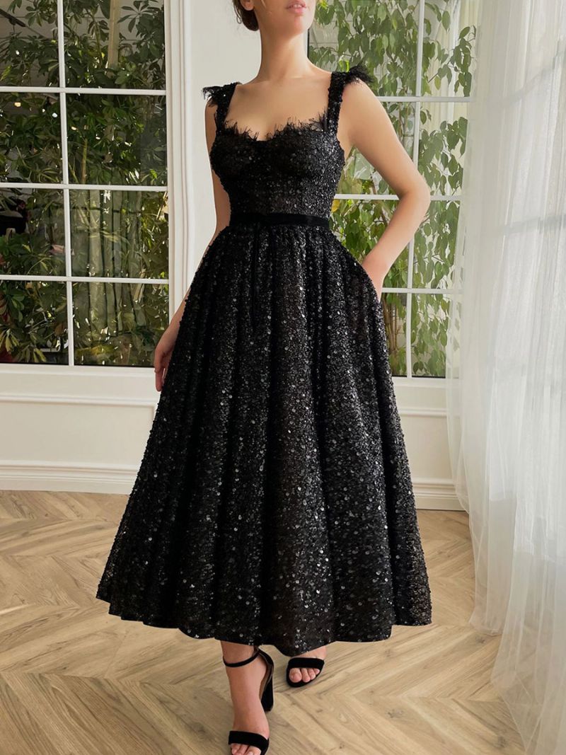 Kvinnors Paljetter Klänningar Sweetheart Neck Spets Ärmlös Backless Prom Midi Dress - Svart