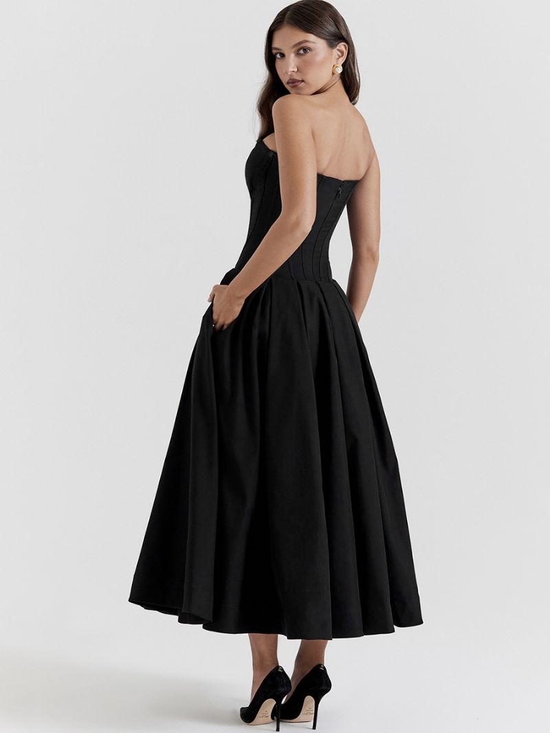 Kvinnors Princeess Line Klänning Plunge Bodice Full Circle Skirt Prom Midi-klänningar - Svart