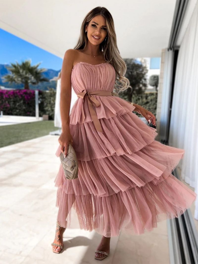 Kvinnors Tyll Ruffles Dress Off The Shoulder Layered Party Maxiklänningar Med Bälte