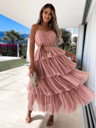 Kvinnors Tyll Ruffles Dress Off The Shoulder Layered Party Maxiklänningar Med Bälte