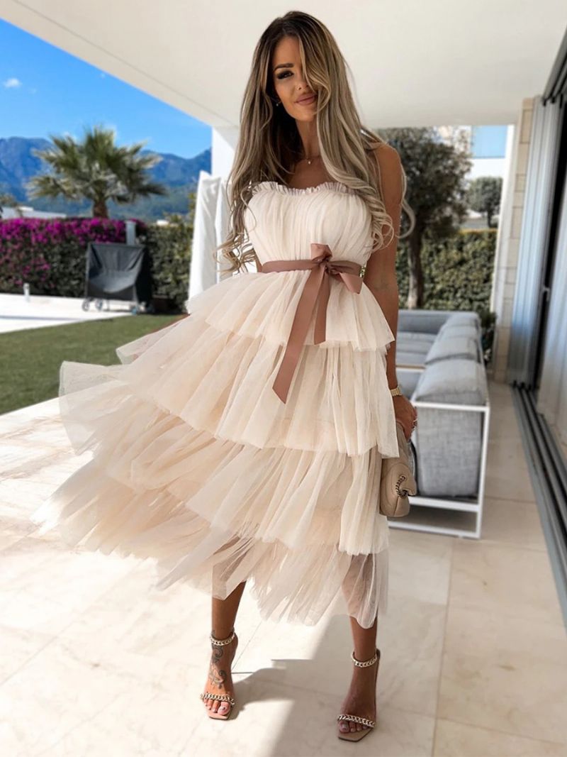 Kvinnors Tyll Ruffles Dress Off The Shoulder Layered Party Maxiklänningar Med Bälte - Ljusgul