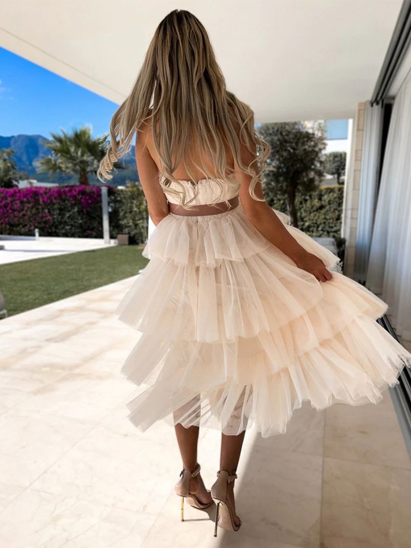 Kvinnors Tyll Ruffles Dress Off The Shoulder Layered Party Maxiklänningar Med Bälte - Ljusgul