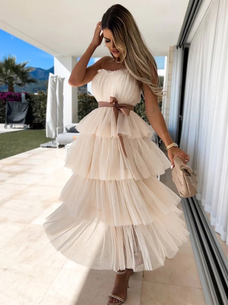 Kvinnors Tyll Ruffles Dress Off The Shoulder Layered Party Maxiklänningar Med Bälte - Ljusgul