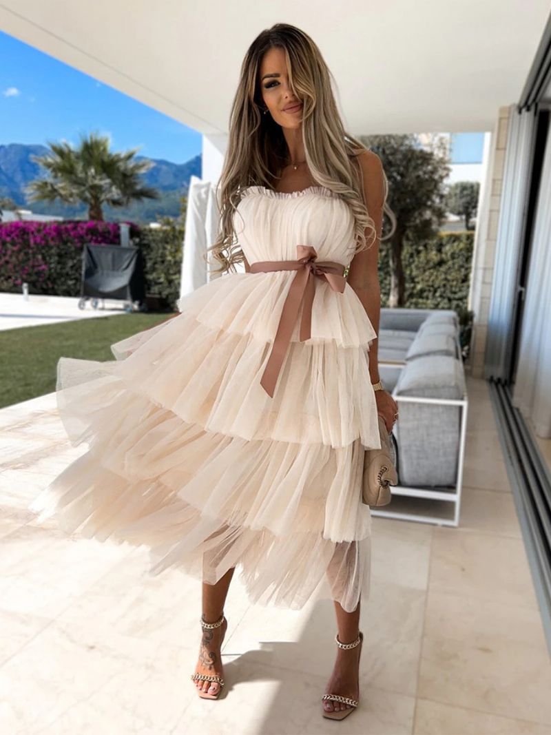 Kvinnors Tyll Ruffles Dress Off The Shoulder Layered Party Maxiklänningar Med Bälte - Ljusgul