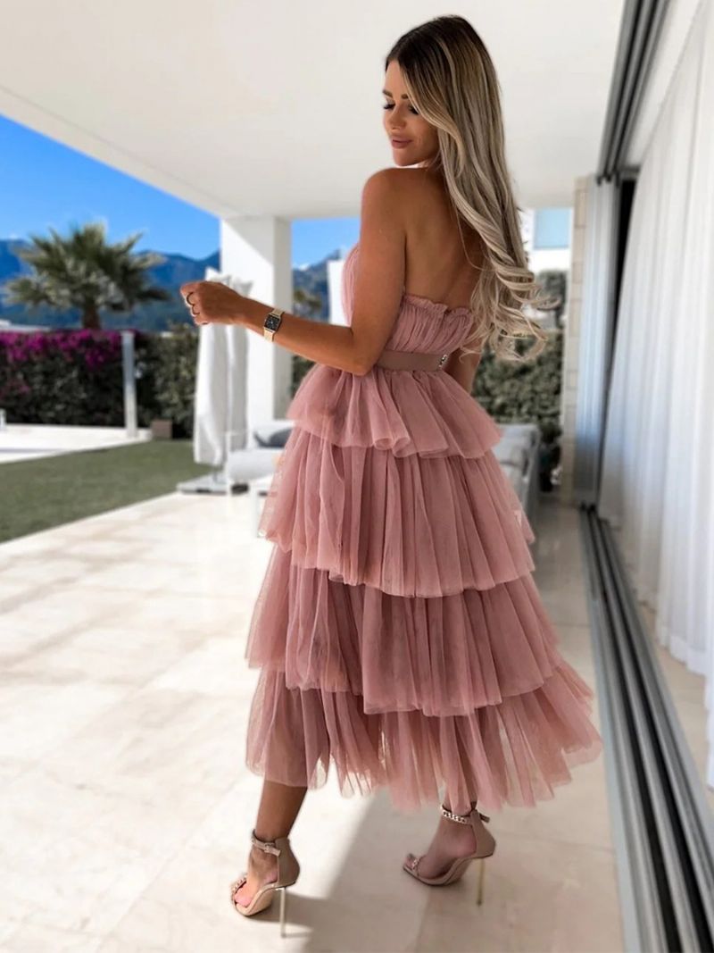 Kvinnors Tyll Ruffles Dress Off The Shoulder Layered Party Maxiklänningar Med Bälte - Rosa