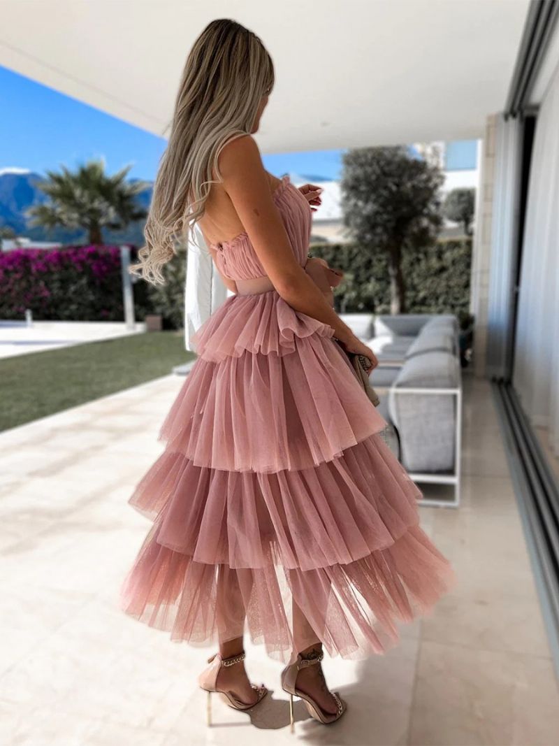 Kvinnors Tyll Ruffles Dress Off The Shoulder Layered Party Maxiklänningar Med Bälte - Rosa