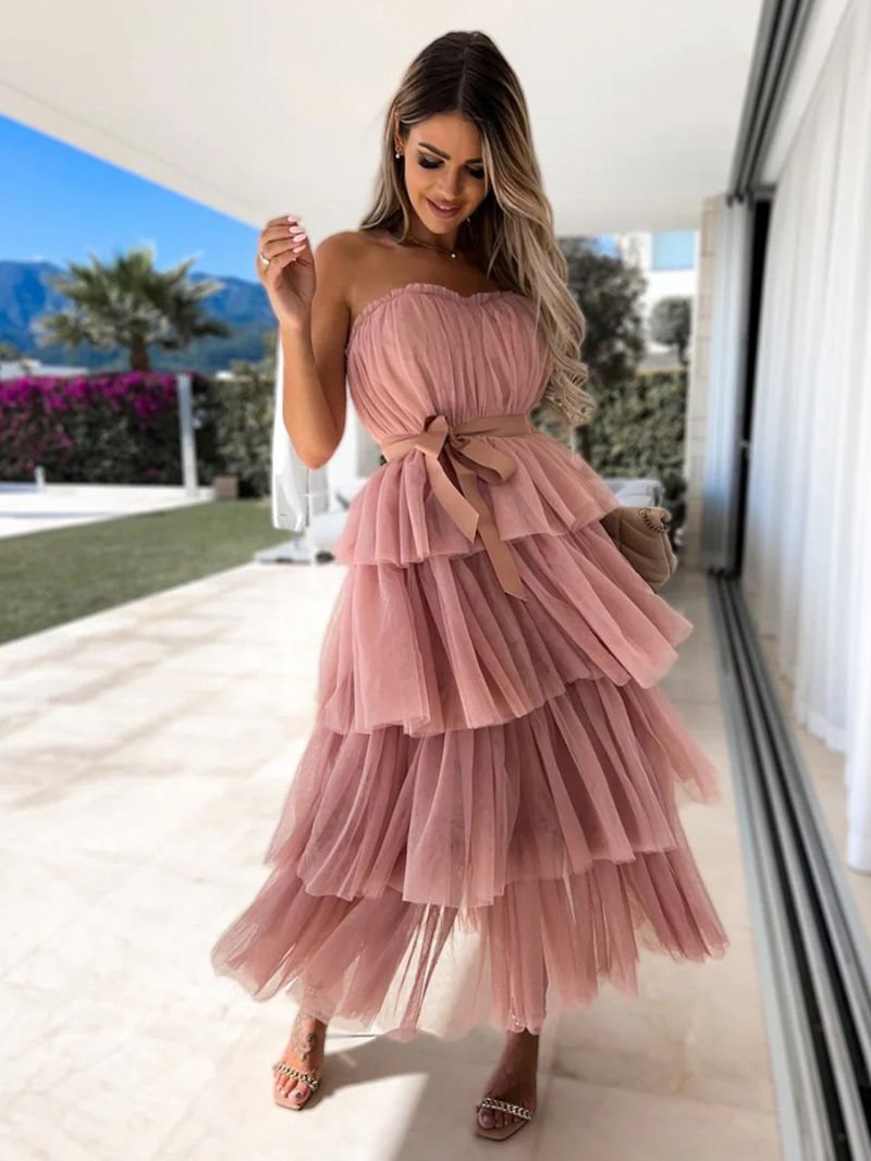 Kvinnors Tyll Ruffles Dress Off The Shoulder Layered Party Maxiklänningar Med Bälte - Rosa