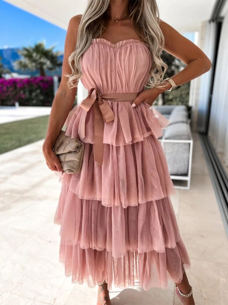 Kvinnors Tyll Ruffles Dress Off The Shoulder Layered Party Maxiklänningar Med Bälte - Rosa