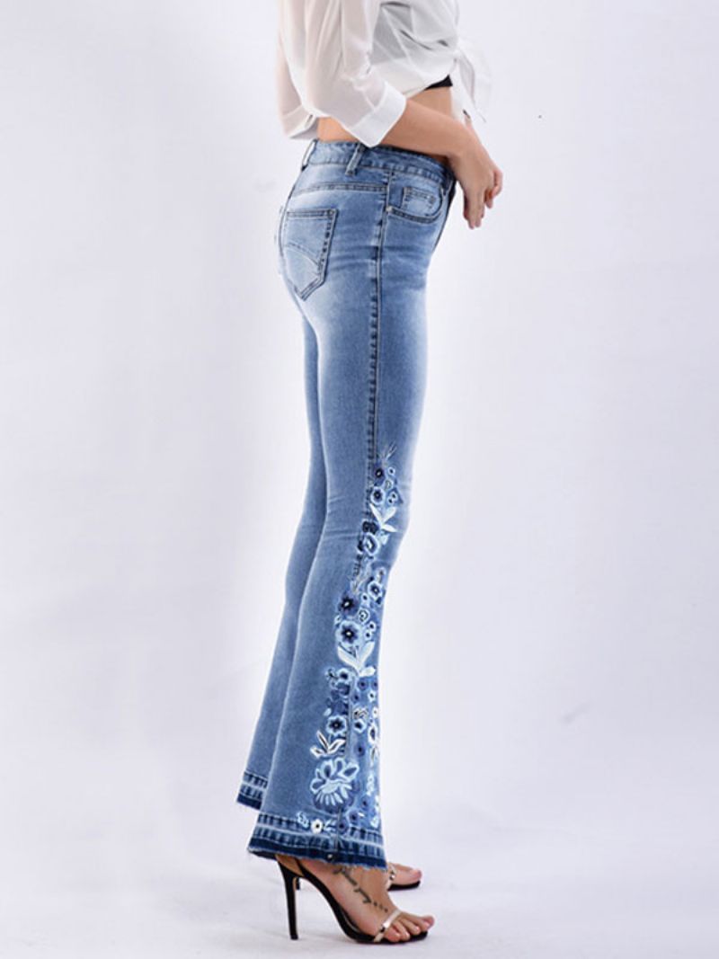 Bootcut-jeans För Damer Vintagebroderade Mid-rise Flare-bottoms - Blå